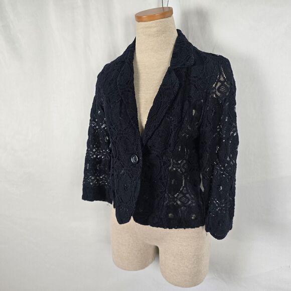 Monteau Cardigan Women's Small Dark Blue Knit Lace Single Button Long Sleeve - Picture 10 of 13